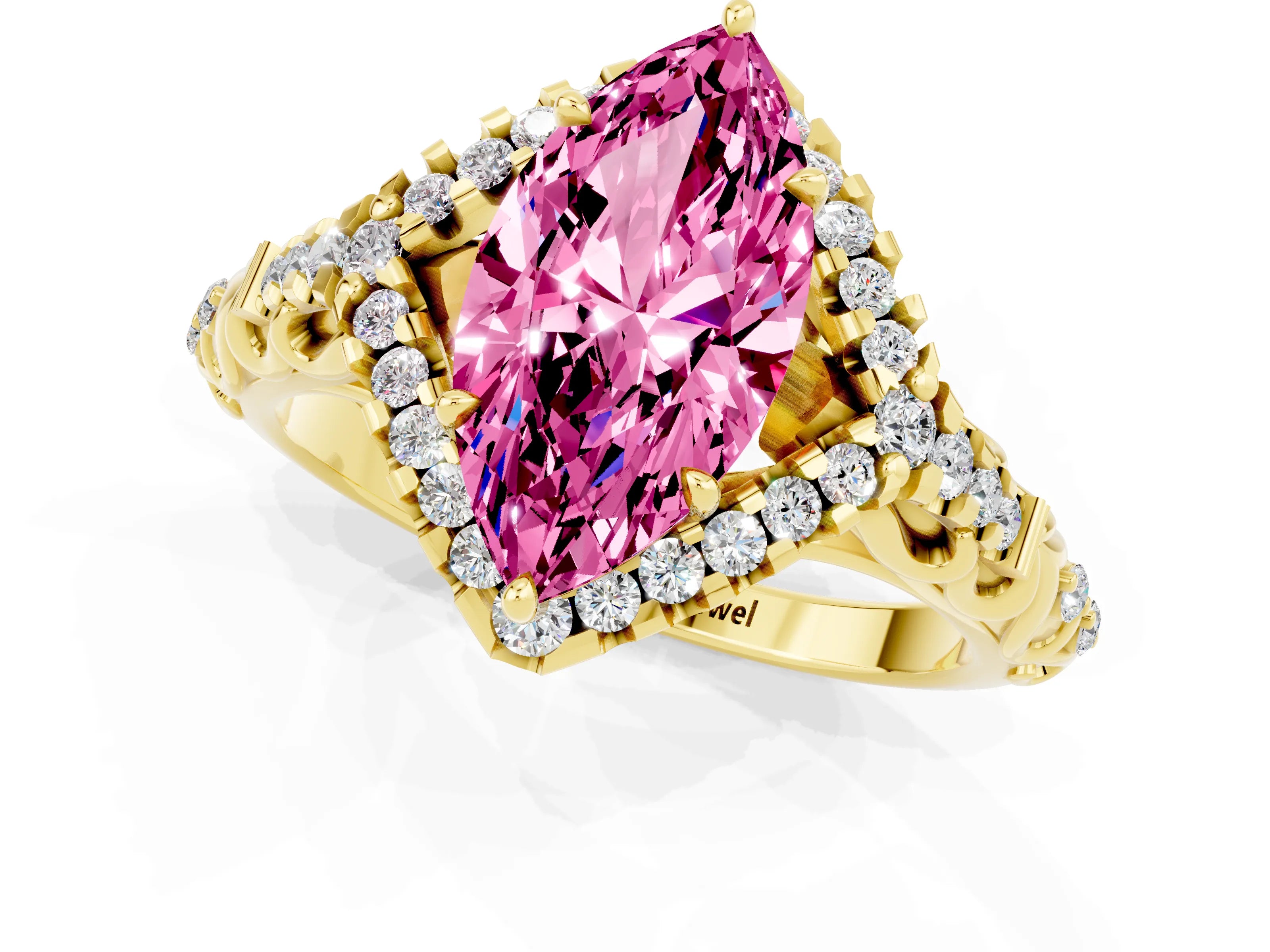 Yellow gold Marquise Cut Pink Sapphire Solitaire Ring with Hidden Halo and Pavé Band_13