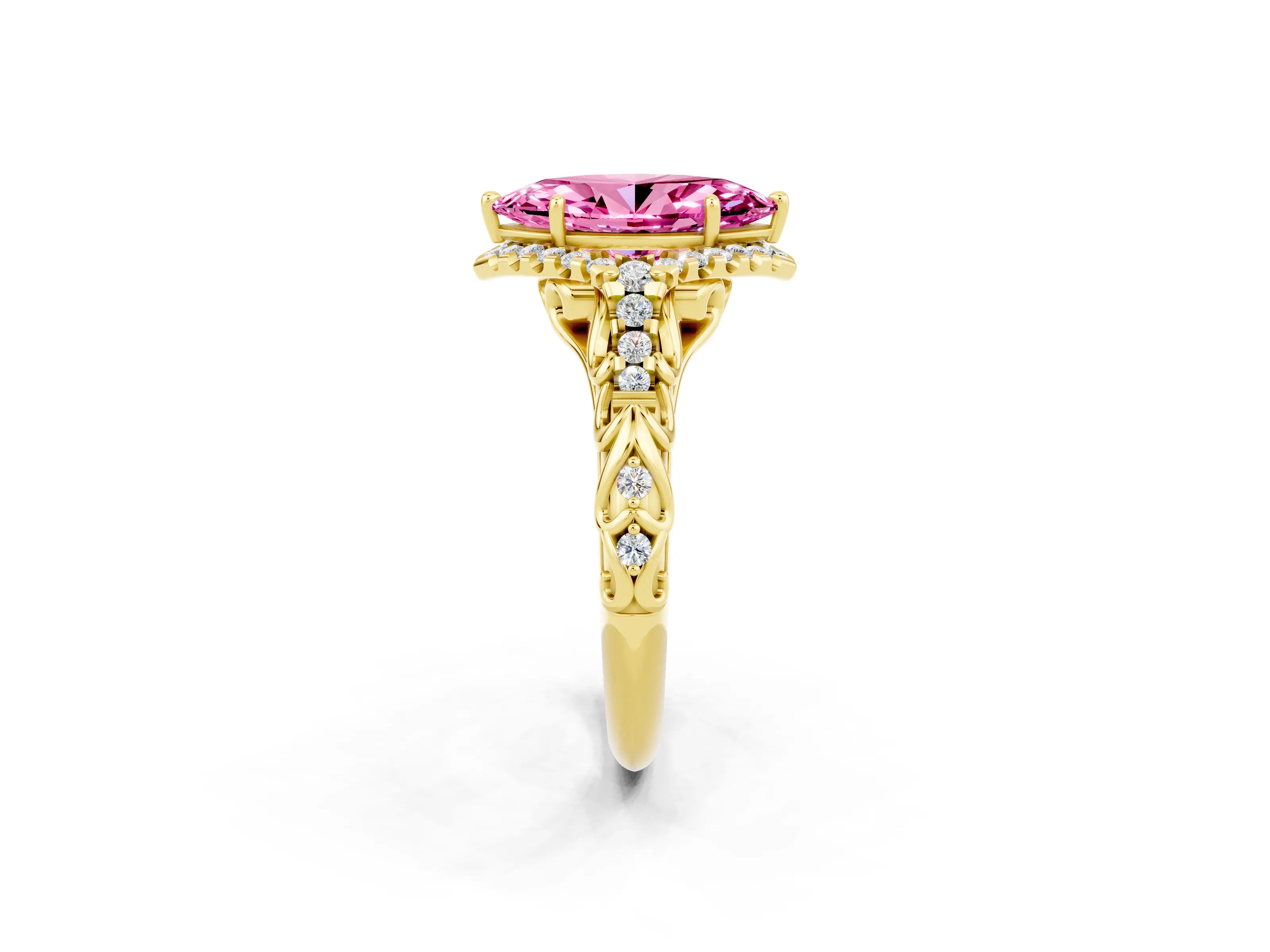 Yellow gold Marquise Cut Pink Sapphire Solitaire Ring with Hidden Halo and Pavé Band_14