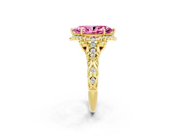 Yellow gold Marquise Cut Pink Sapphire Solitaire Ring with Hidden Halo and Pavé Band
