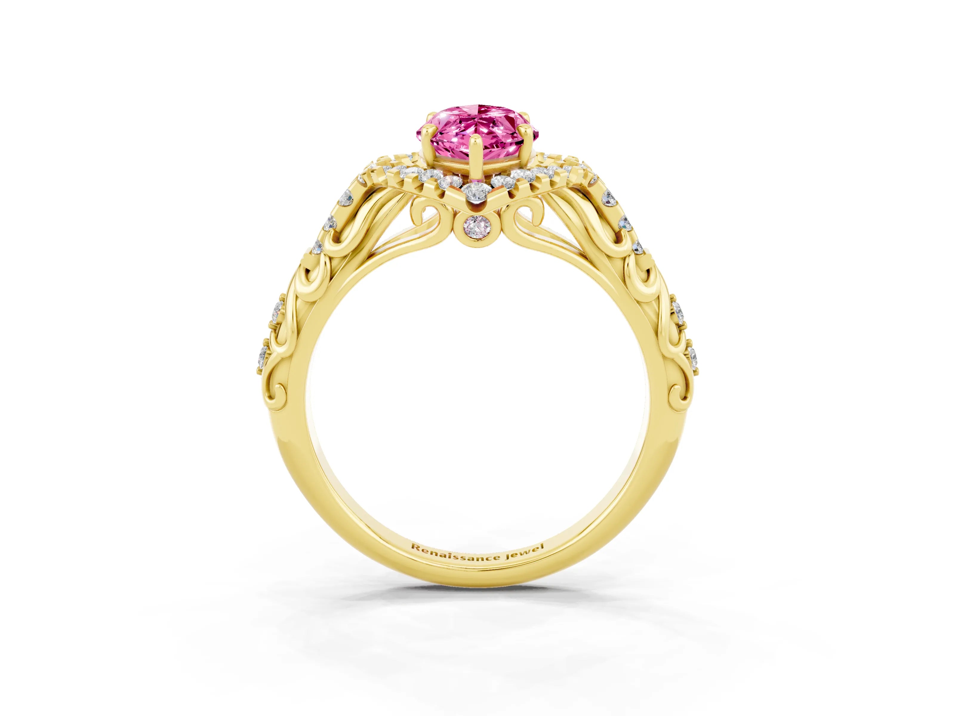 Yellow gold Marquise Cut Pink Sapphire Solitaire Ring with Hidden Halo and Pavé Band_15