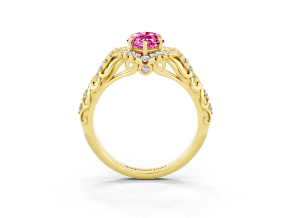 Yellow gold Marquise Cut Pink Sapphire Solitaire Ring with Hidden Halo and Pavé Band