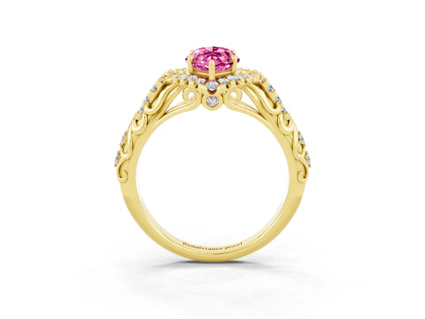 Yellow gold Marquise Cut Pink Sapphire Solitaire Ring with Hidden Halo and Pavé Band_15