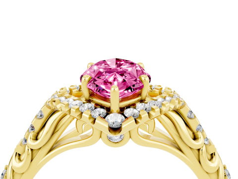 Yellow gold Marquise Cut Pink Sapphire Solitaire Ring with Hidden Halo and Pavé Band_16