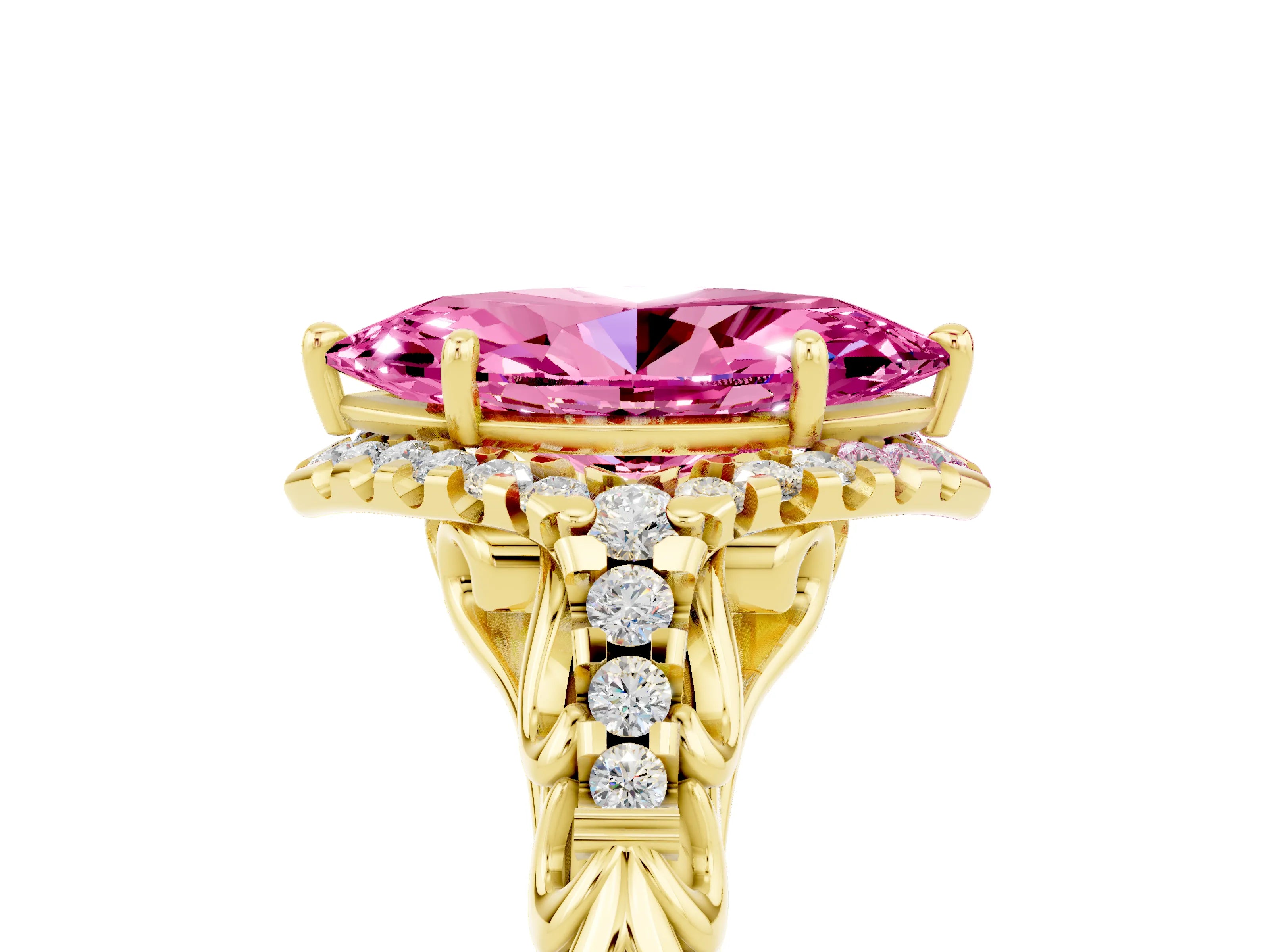 Yellow gold Marquise Cut Pink Sapphire Solitaire Ring with Hidden Halo and Pavé Band_17