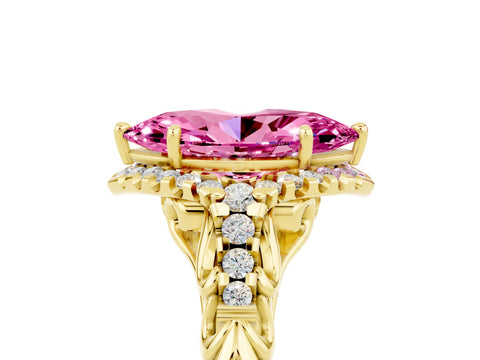 Yellow gold Marquise Cut Pink Sapphire Solitaire Ring with Hidden Halo and Pavé Band_17
