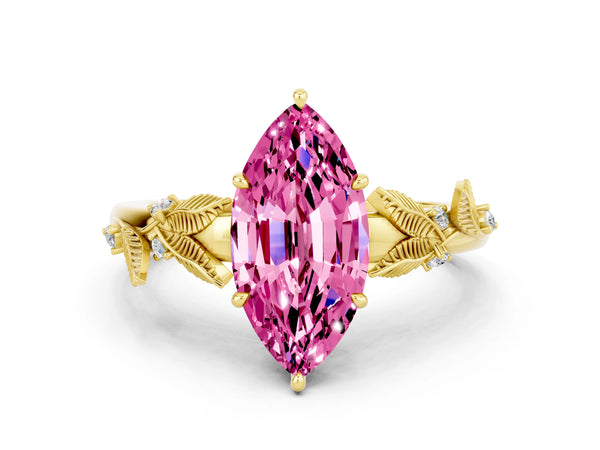 Yellow gold Marquise Cut Pink Sapphire Solitaire Ring with Leaf Motif Band and Four-Prong Setting