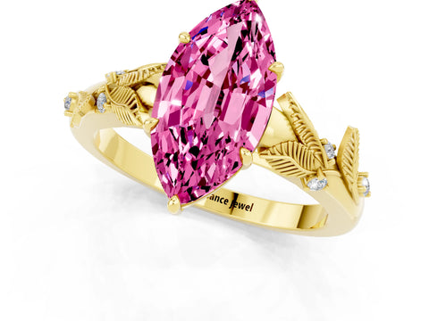 Yellow gold Marquise Cut Pink Sapphire Solitaire Ring with Leaf Motif Band and Four-Prong Setting_1