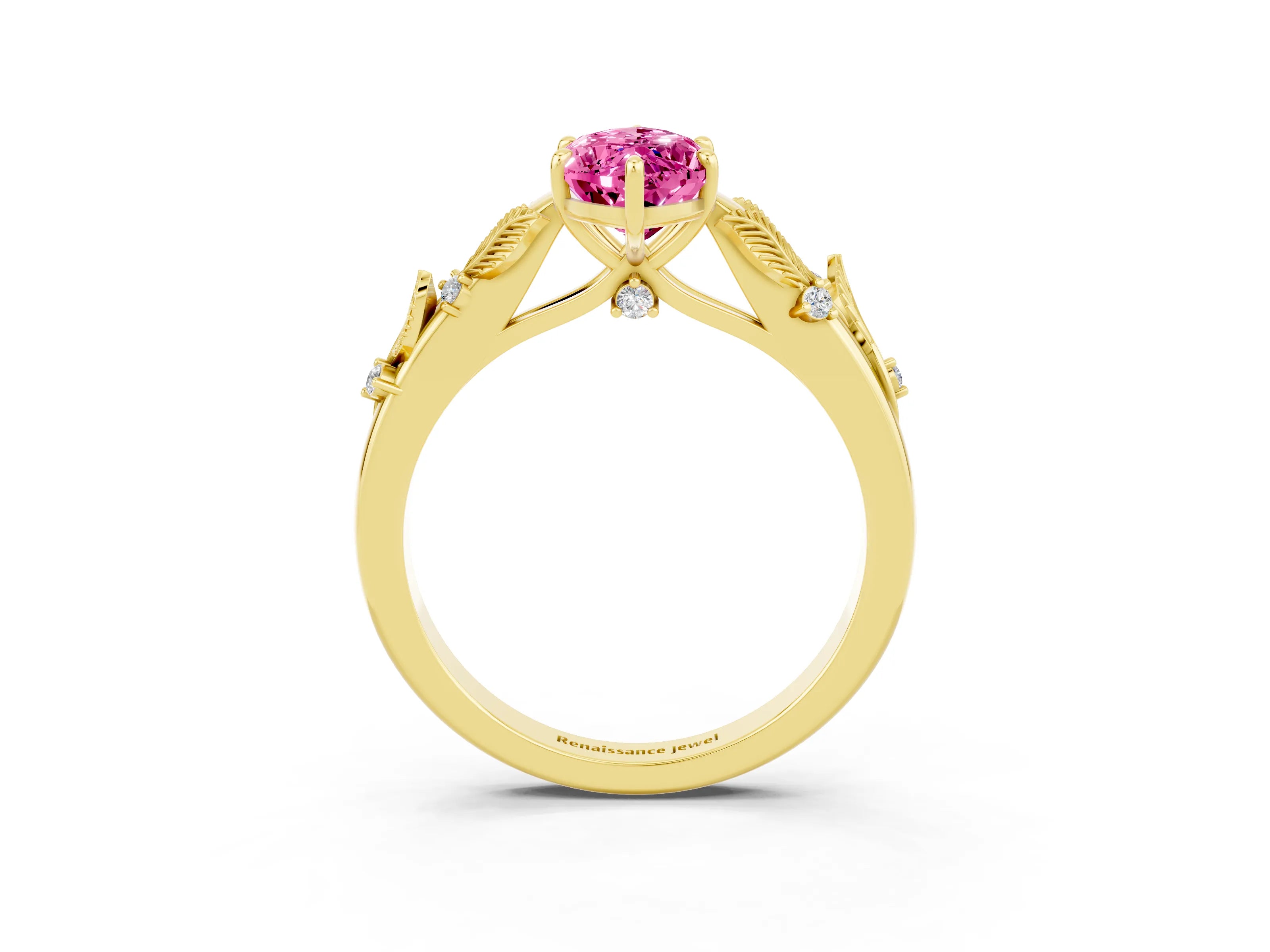 Yellow gold Marquise Cut Pink Sapphire Solitaire Ring with Leaf Motif Band and Four-Prong Setting_3