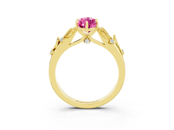 Yellow gold Marquise Cut Pink Sapphire Solitaire Ring with Leaf Motif Band and Four-Prong Setting