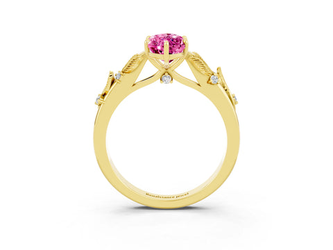 Yellow gold Marquise Cut Pink Sapphire Solitaire Ring with Leaf Motif Band and Four-Prong Setting_3