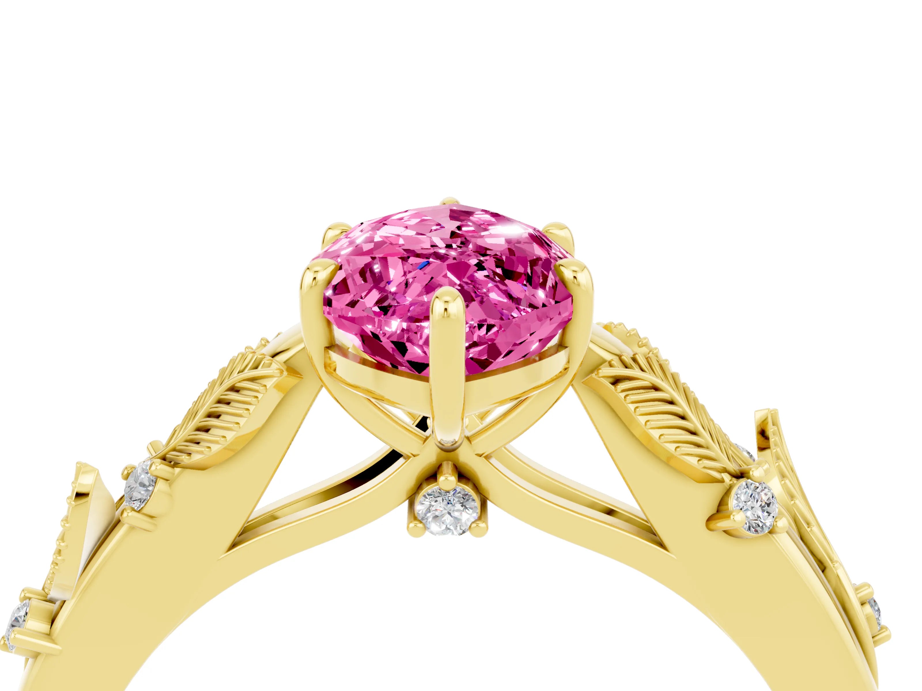 Yellow gold Marquise Cut Pink Sapphire Solitaire Ring with Leaf Motif Band and Four-Prong Setting_4