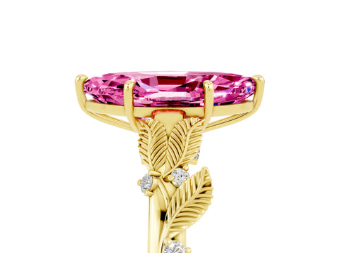 Yellow gold Marquise Cut Pink Sapphire Solitaire Ring with Leaf Motif Band and Four-Prong Setting_5