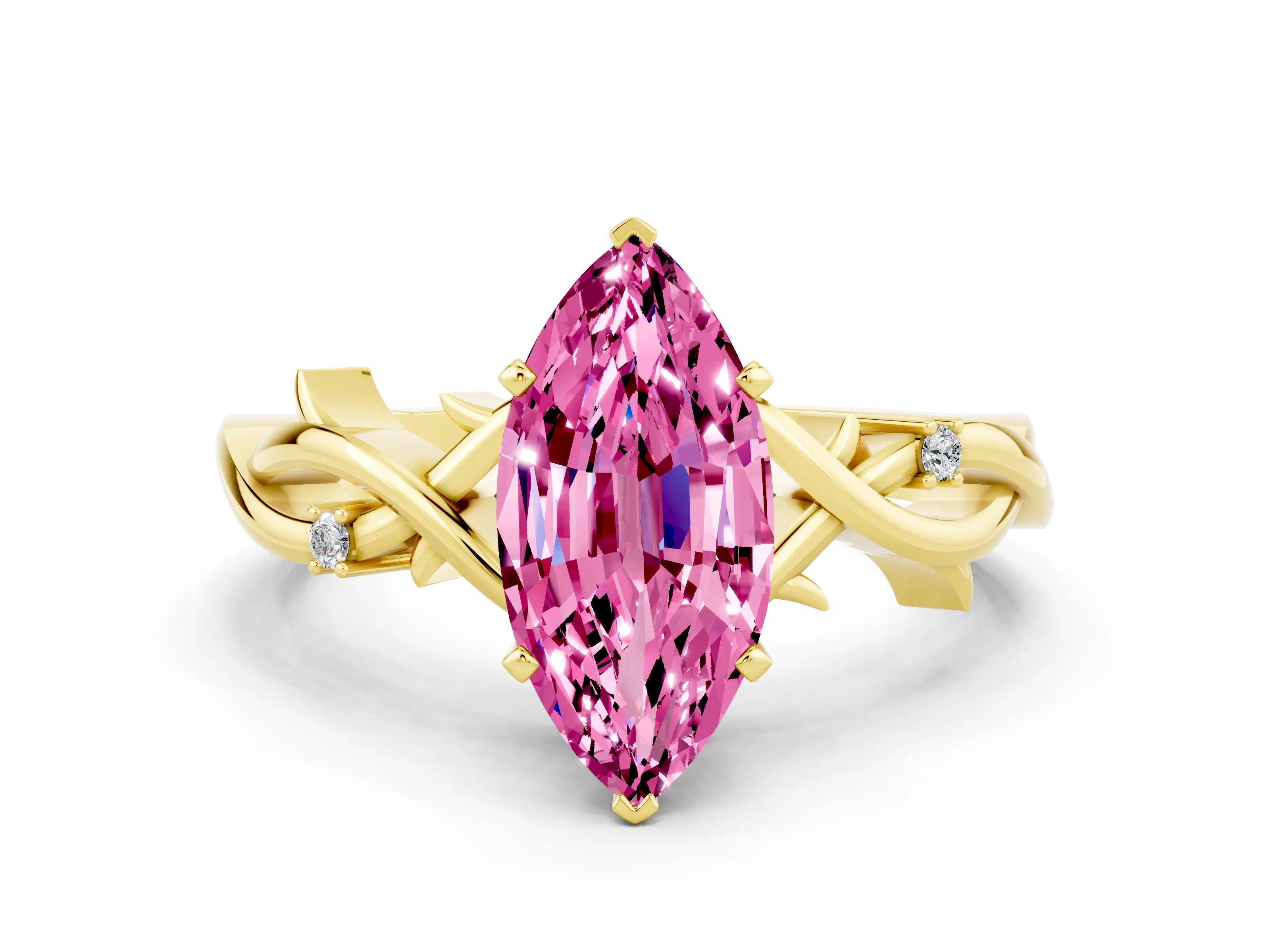 Yellow gold Marquise Cut Pink Sapphire Solitaire Ring with Milgrain Pavé Band and Four-Prong Setting_18