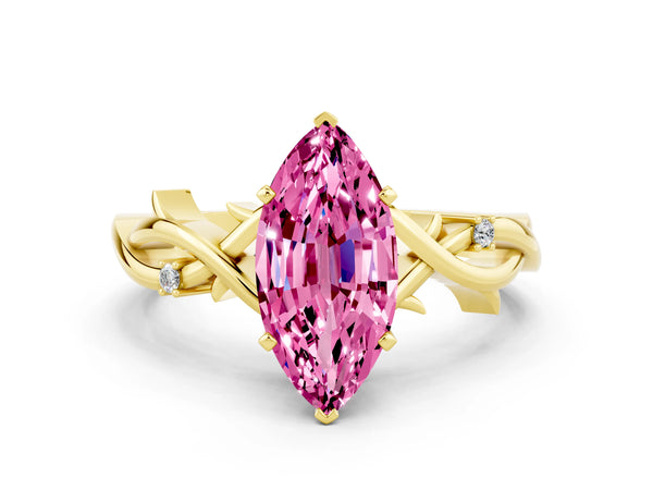 Yellow gold Marquise Cut Pink Sapphire Solitaire Ring with Milgrain Pavé Band and Four-Prong Setting