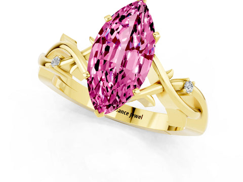 Yellow gold Marquise Cut Pink Sapphire Solitaire Ring with Milgrain Pavé Band and Four-Prong Setting_19