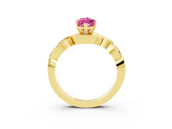 Yellow gold Marquise Cut Pink Sapphire Solitaire Ring with Milgrain Pavé Band and Four-Prong Setting