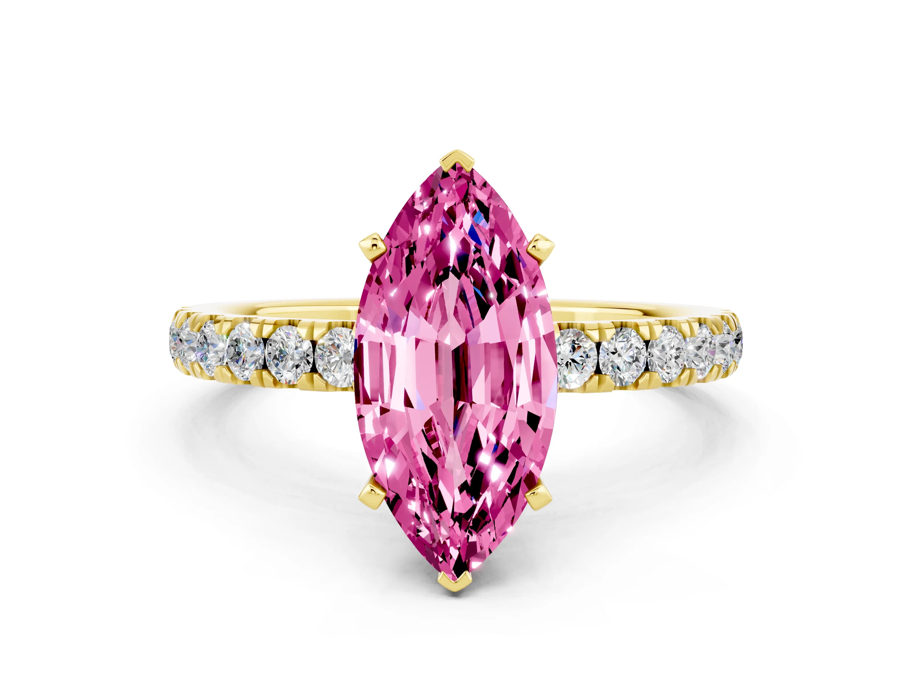 Yellow gold Marquise Cut Pink Sapphire Solitaire Ring with Pavé Accents and Four-Prong Setting_24