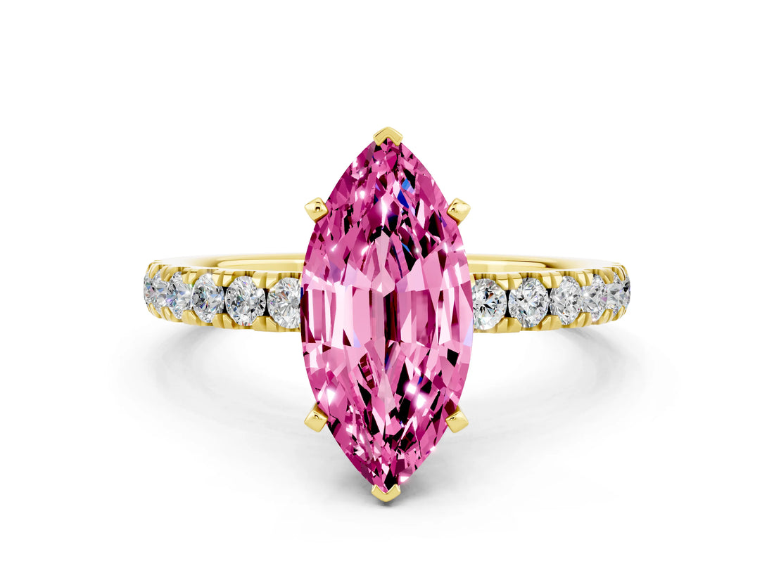 Yellow gold Marquise Cut Pink Sapphire Solitaire Ring with Pavé Accents and Four-Prong Setting_24