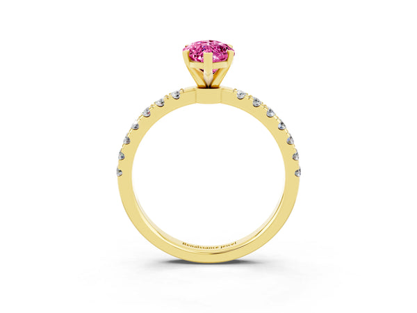 Yellow gold Marquise Cut Pink Sapphire Solitaire Ring with Pavé Accents and Four-Prong Setting