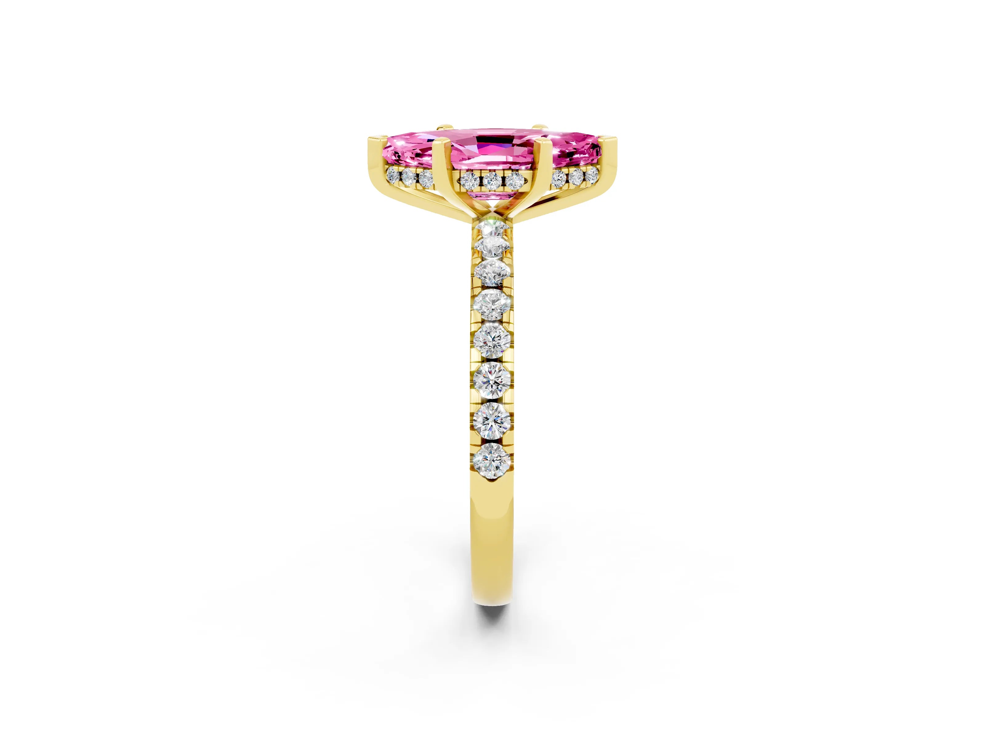 Yellow gold Marquise Cut Pink Sapphire Solitaire Ring with Pavé Band and Four-Prong Setting_62
