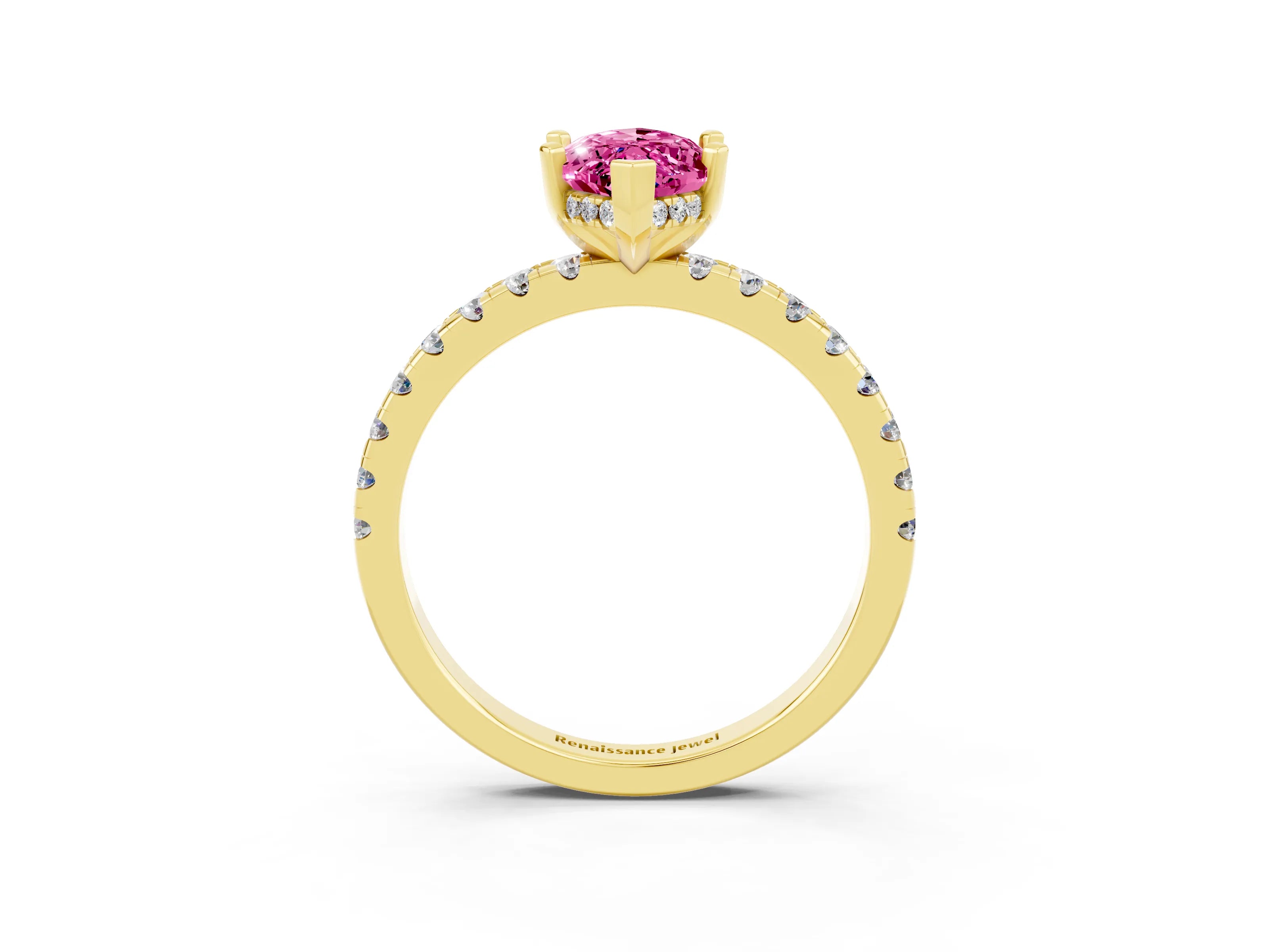 Yellow gold Marquise Cut Pink Sapphire Solitaire Ring with Pavé Band and Four-Prong Setting_63