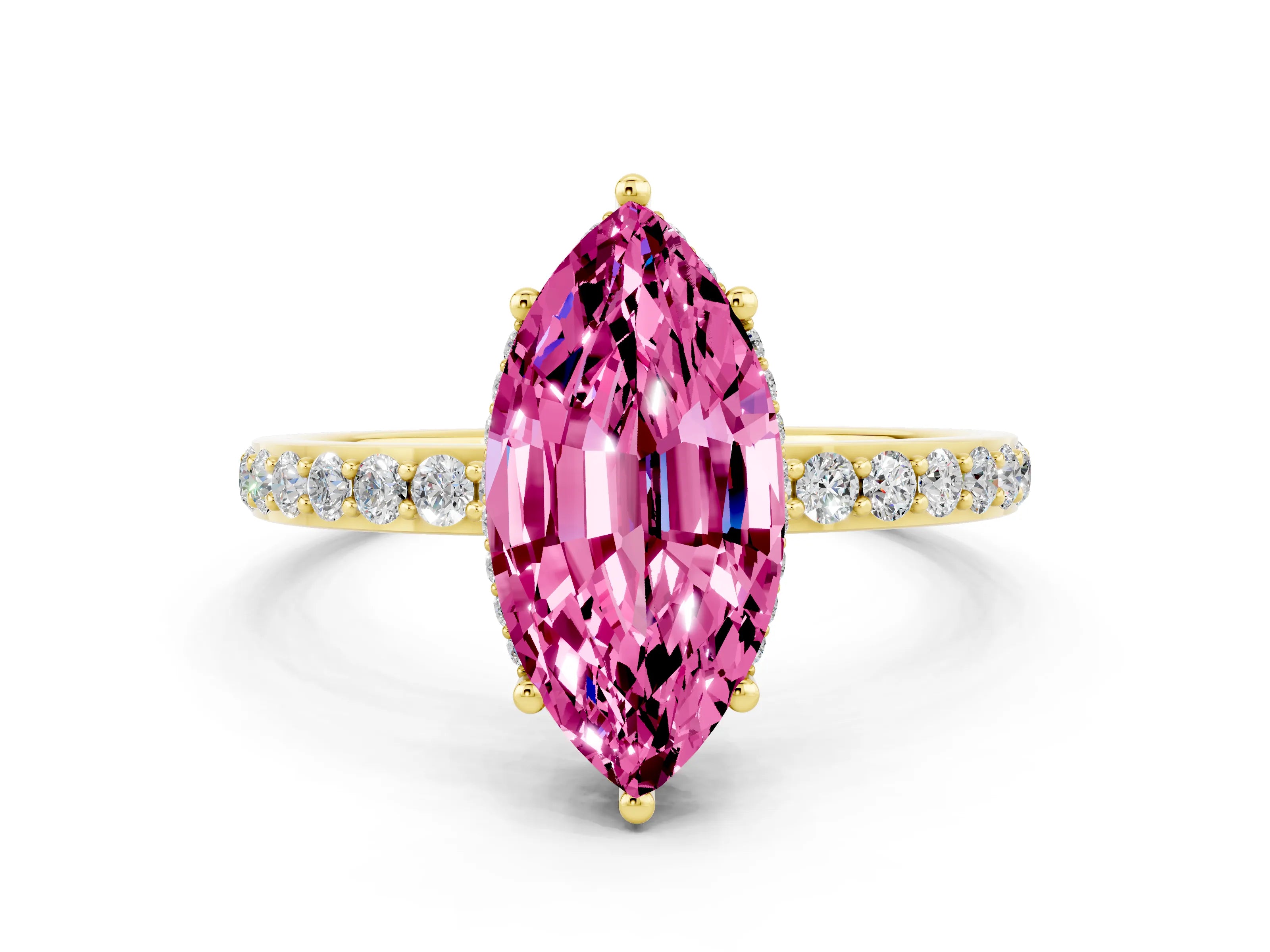 Yellow gold Marquise Cut Pink Sapphire Solitaire Ring with Pavé Band and Hidden Halo_12