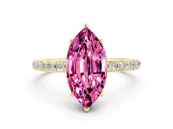 Yellow gold Marquise Cut Pink Sapphire Solitaire Ring with Pavé Band and Hidden Halo