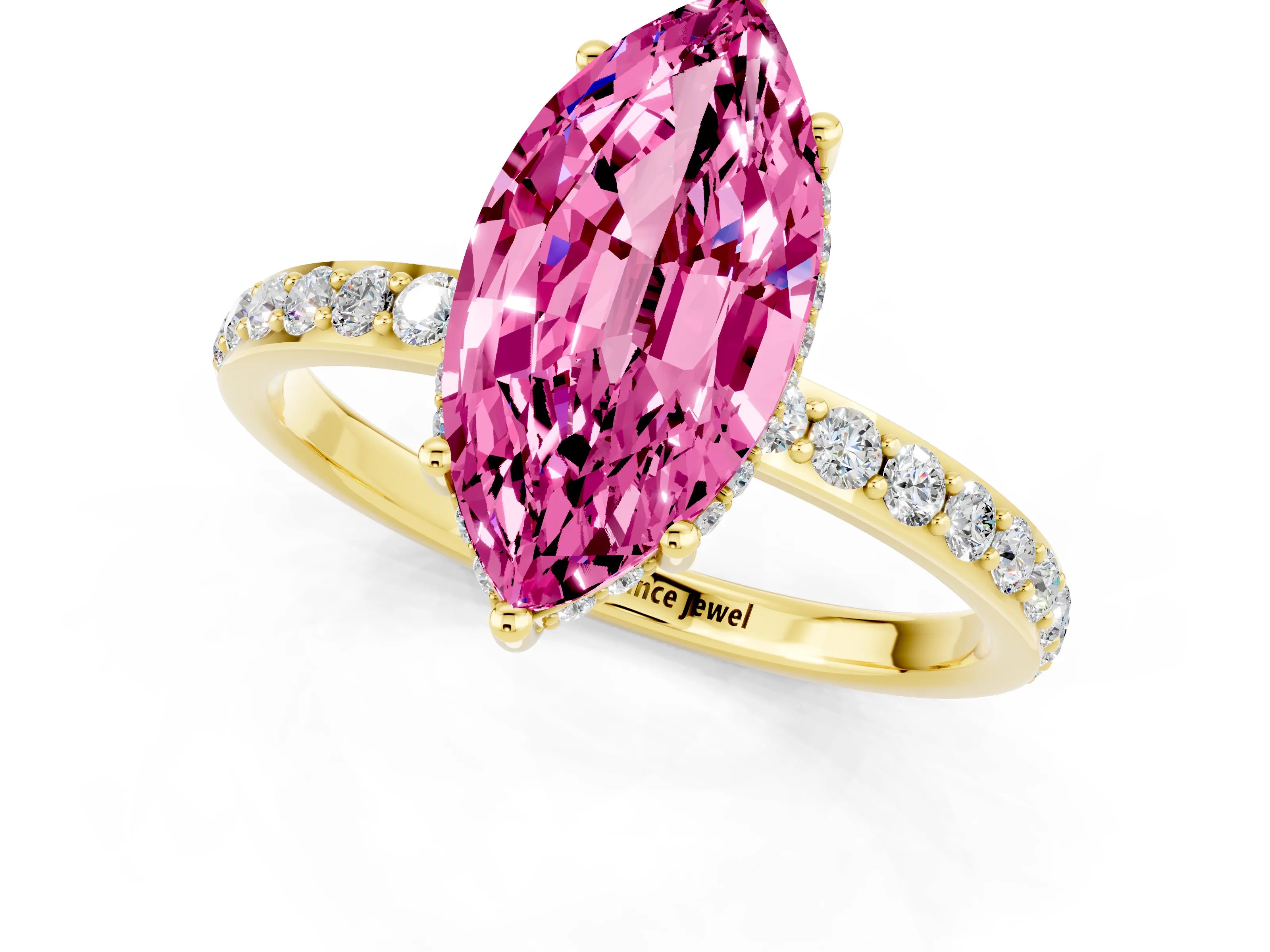 Yellow gold Marquise Cut Pink Sapphire Solitaire Ring with Pavé Band and Hidden Halo_13