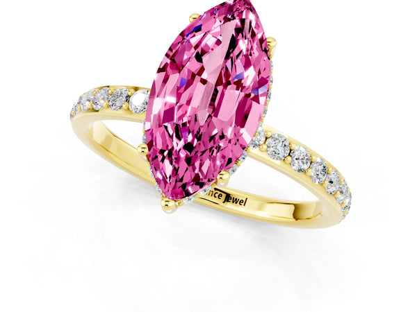 Yellow gold Marquise Cut Pink Sapphire Solitaire Ring with Pavé Band and Hidden Halo