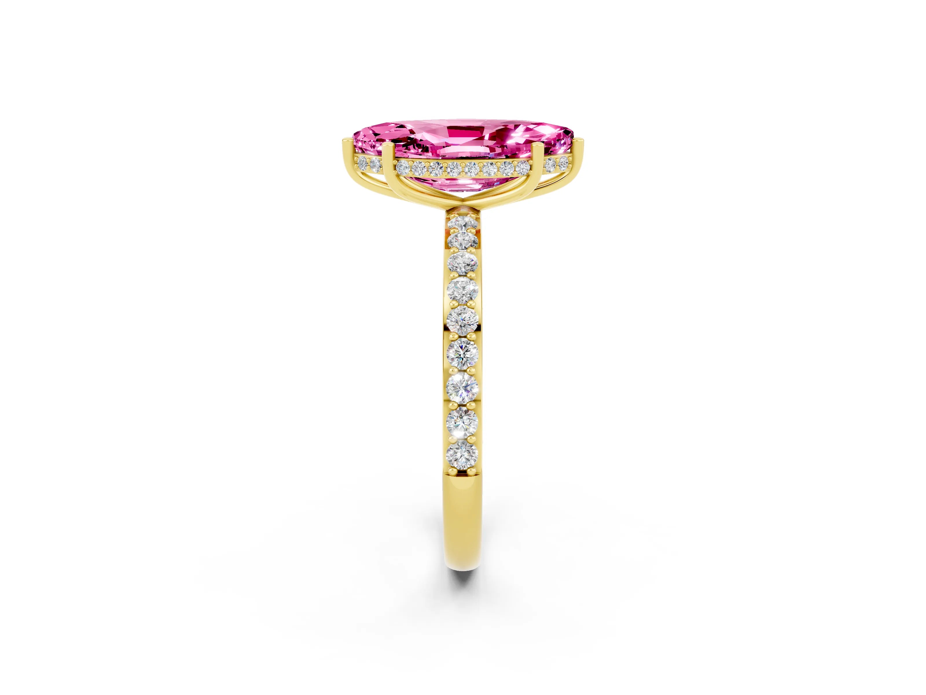 Yellow gold Marquise Cut Pink Sapphire Solitaire Ring with Pavé Band and Hidden Halo_14