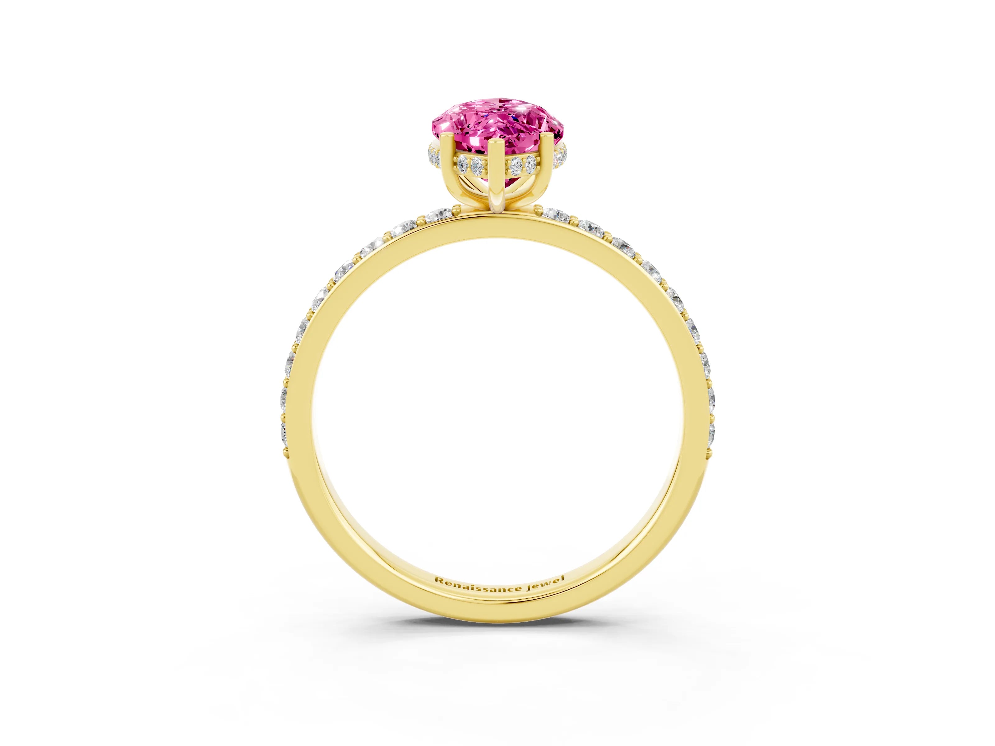 Yellow gold Marquise Cut Pink Sapphire Solitaire Ring with Pavé Band and Hidden Halo_15