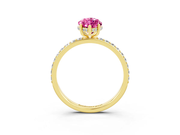 Yellow gold Marquise Cut Pink Sapphire Solitaire Ring with Pavé Band and Hidden Halo