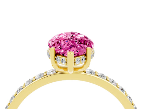 Yellow gold Marquise Cut Pink Sapphire Solitaire Ring with Pavé Band and Hidden Halo_16