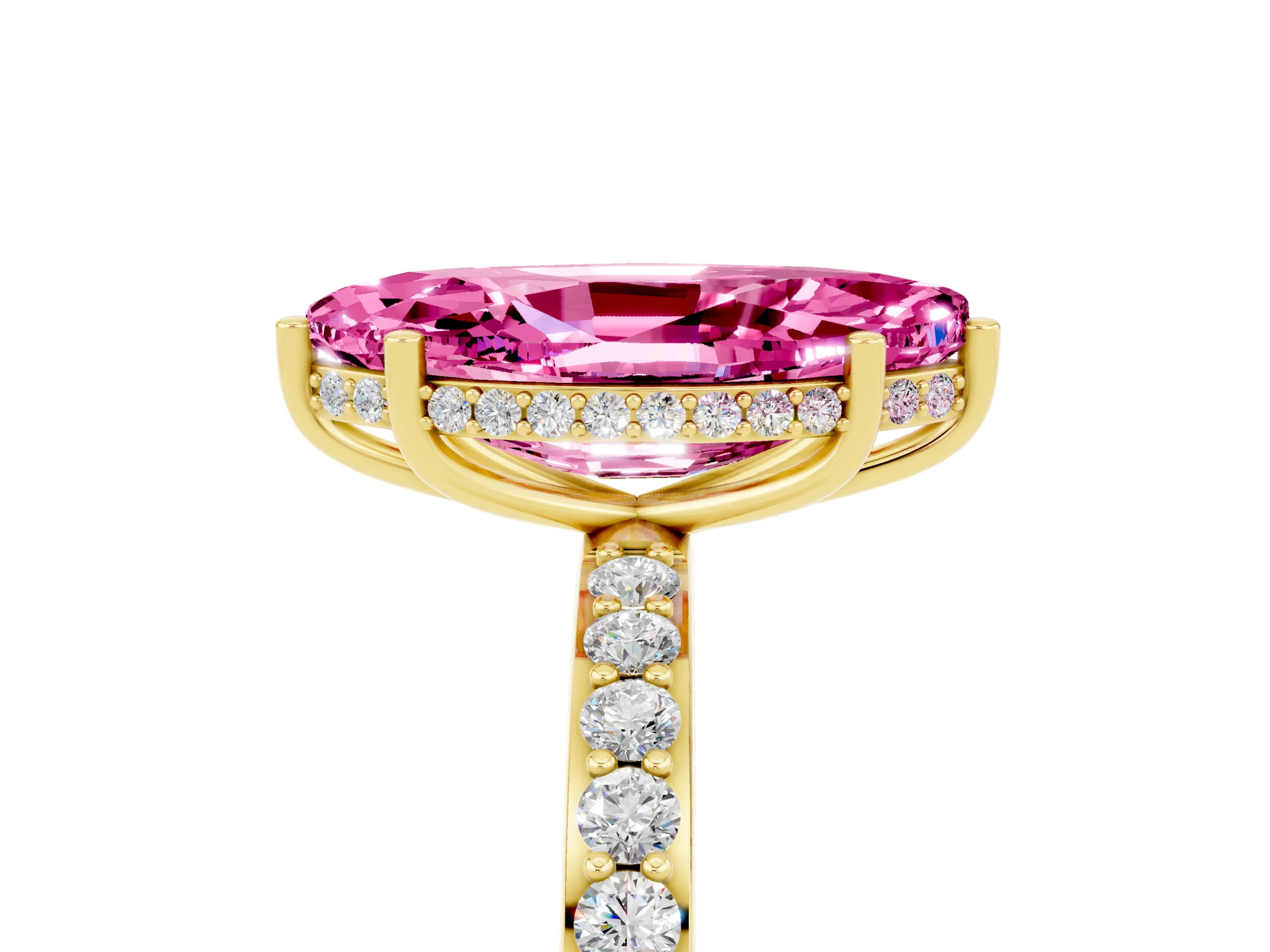 Yellow gold Marquise Cut Pink Sapphire Solitaire Ring with Pavé Band and Hidden Halo_17