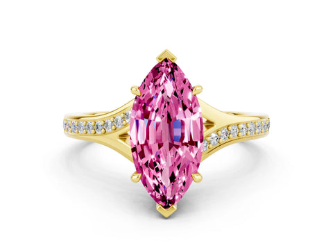 Yellow gold Marquise Cut Pink Sapphire Solitaire Ring with Pavé Band and Prong Setting_12