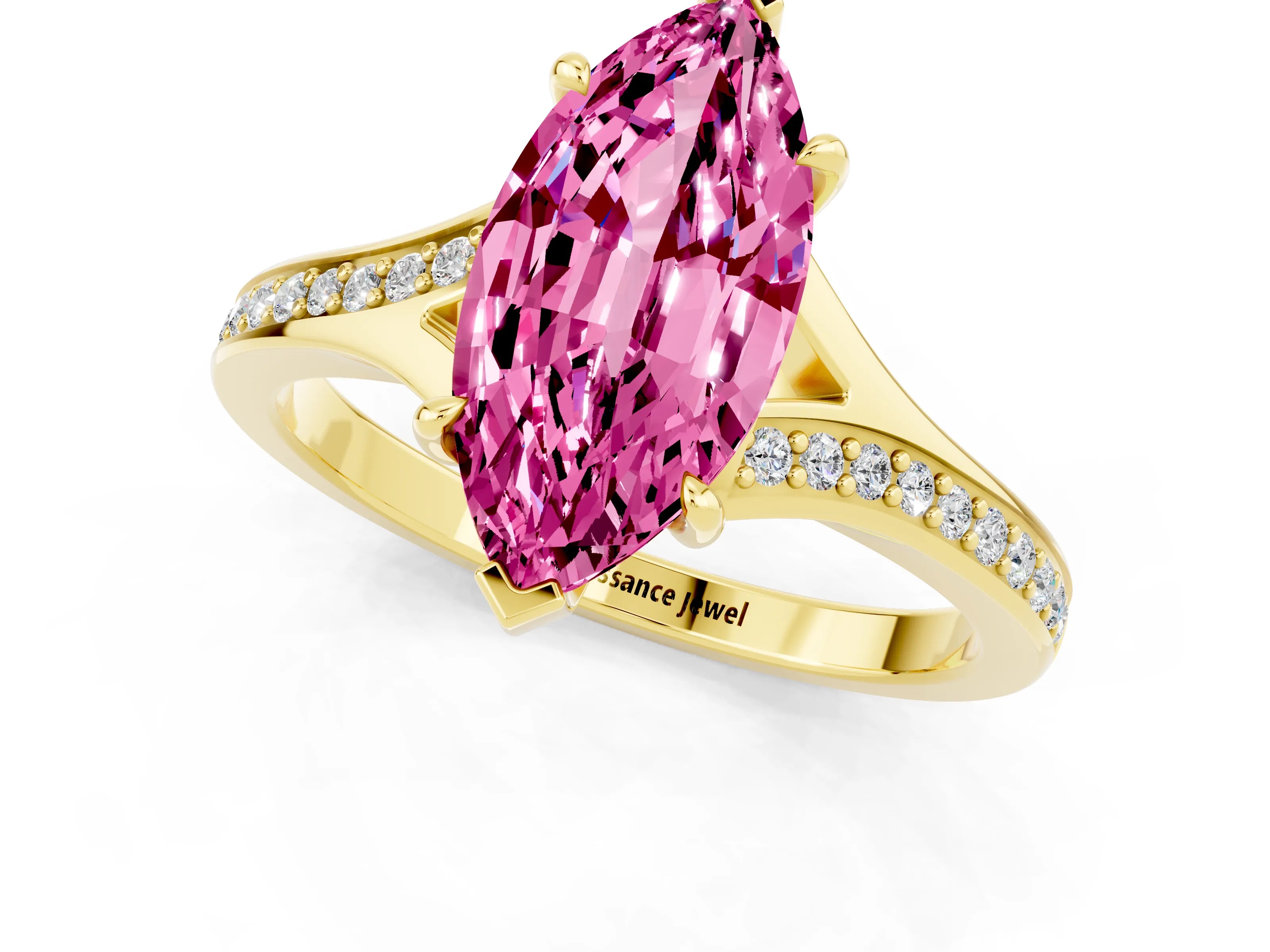 Yellow gold Marquise Cut Pink Sapphire Solitaire Ring with Pavé Band and Prong Setting_13