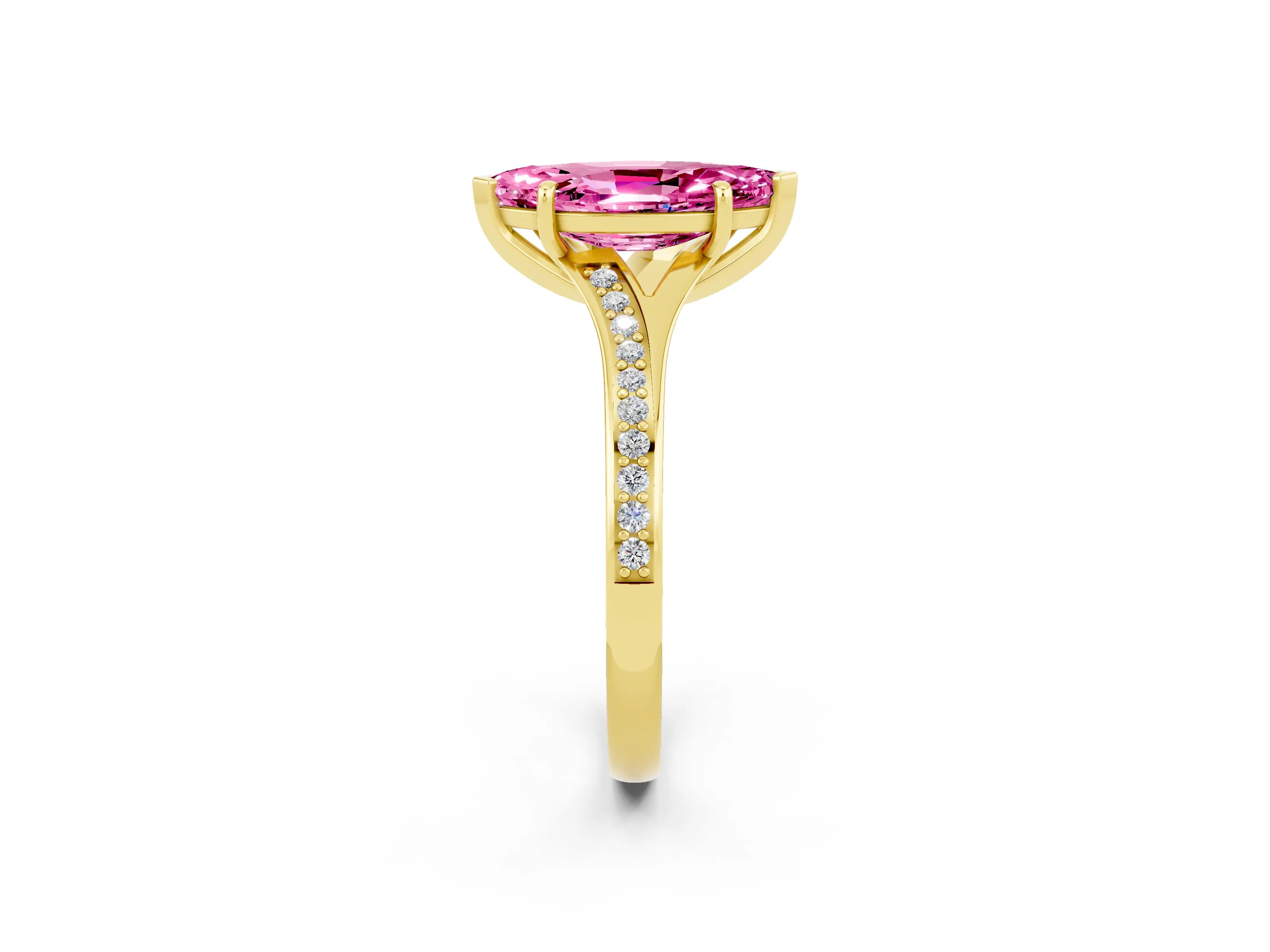 Yellow gold Marquise Cut Pink Sapphire Solitaire Ring with Pavé Band and Prong Setting_14