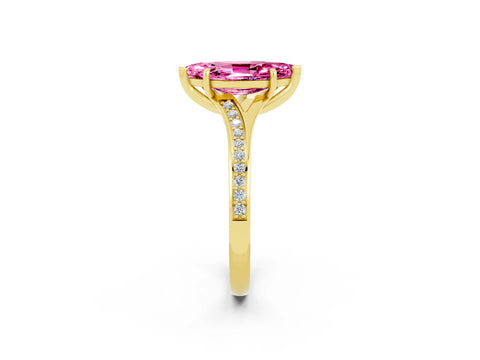 Yellow gold Marquise Cut Pink Sapphire Solitaire Ring with Pavé Band and Prong Setting_14