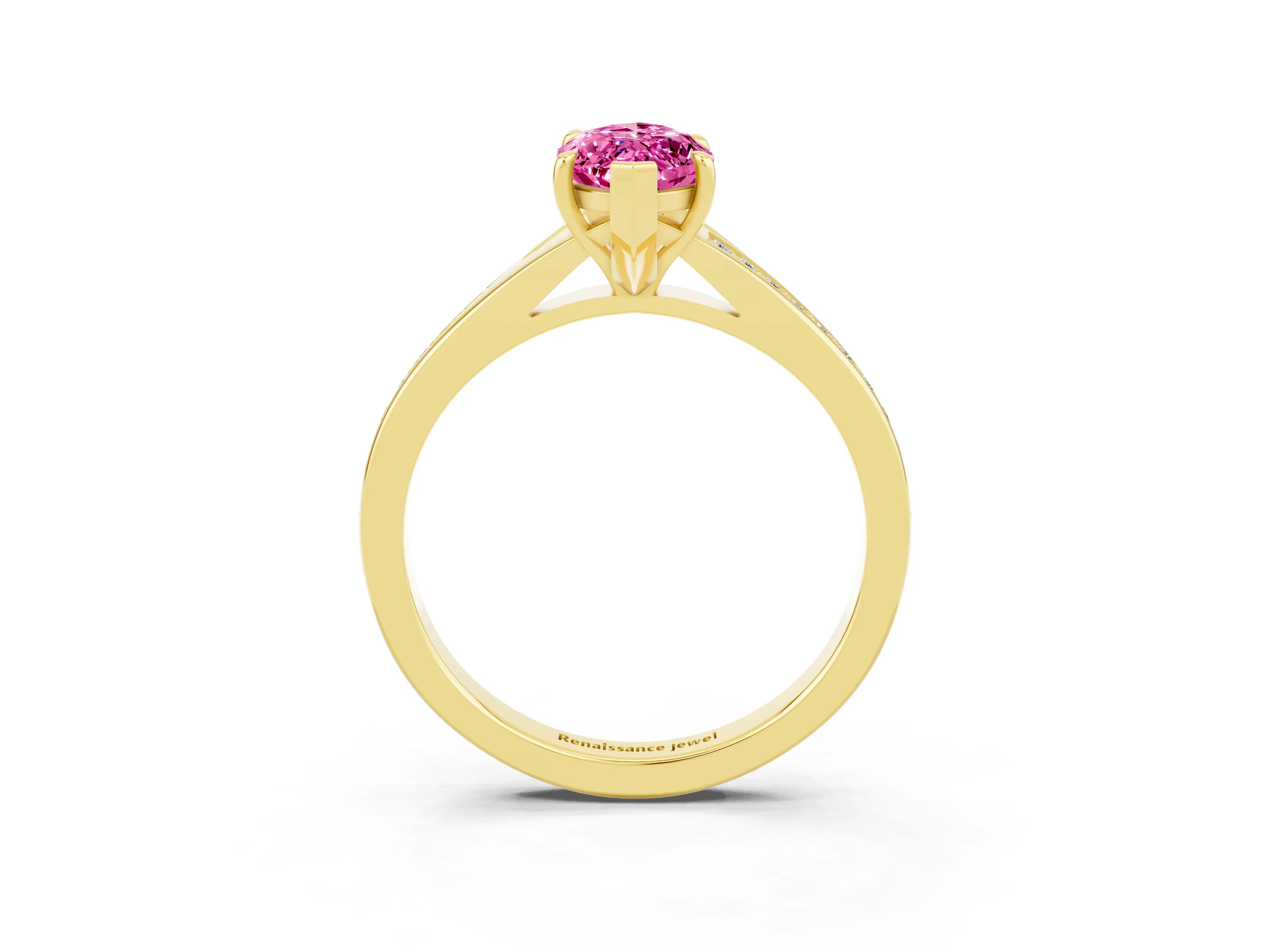 Yellow gold Marquise Cut Pink Sapphire Solitaire Ring with Pavé Band and Prong Setting_15