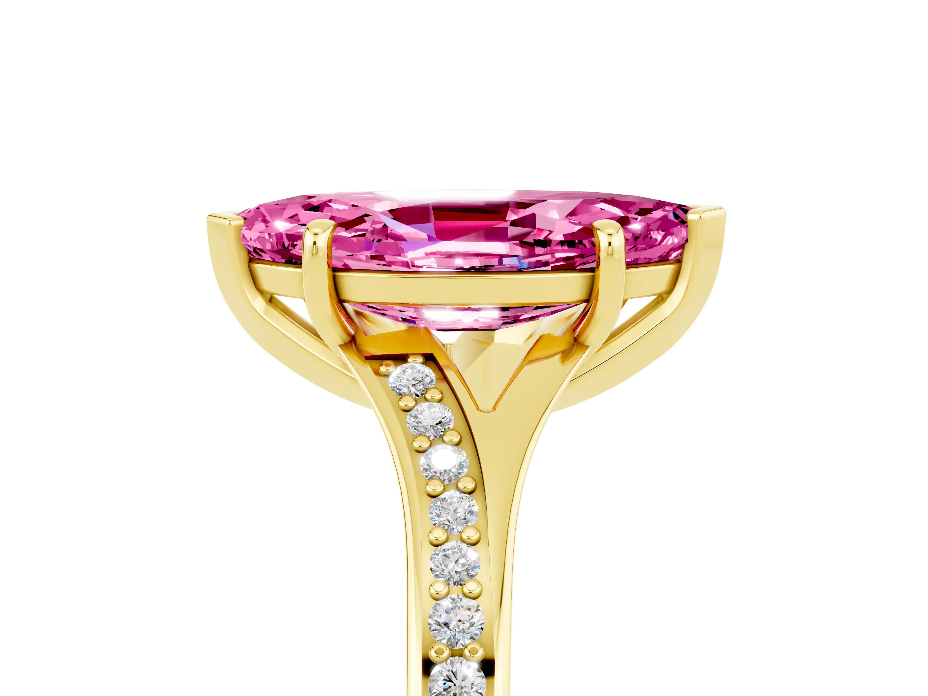 Yellow gold Marquise Cut Pink Sapphire Solitaire Ring with Pavé Band and Prong Setting_17