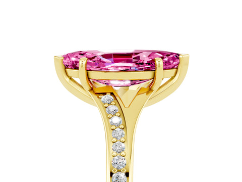 Yellow gold Marquise Cut Pink Sapphire Solitaire Ring with Pavé Band and Prong Setting_17