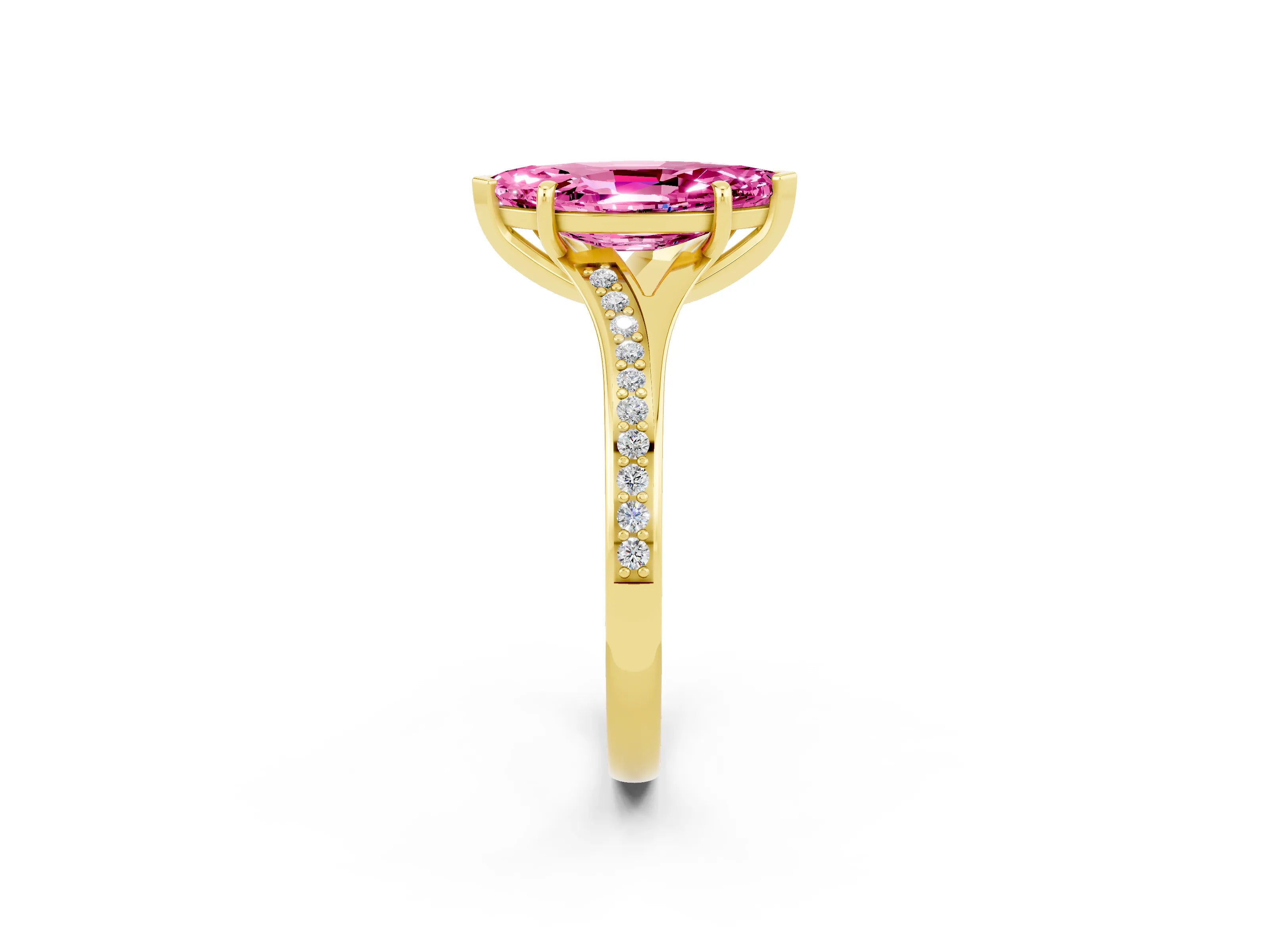 Yellow gold Marquise Cut Pink Sapphire Solitaire Ring with Pavé Band and Prong Setting_2