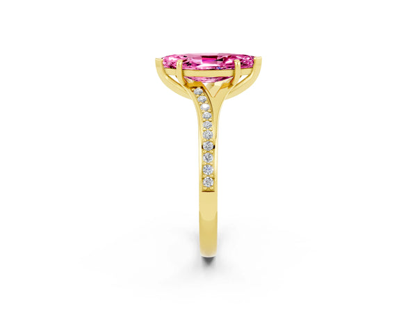 Yellow gold Marquise Cut Pink Sapphire Solitaire Ring with Pavé Band and Prong Setting