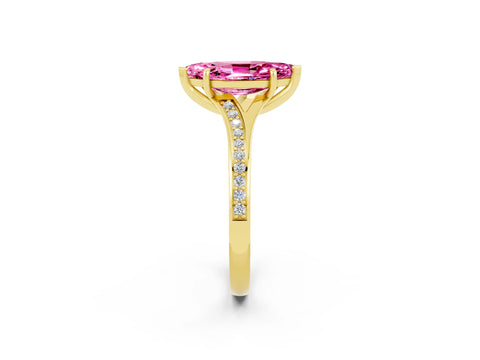 Yellow gold Marquise Cut Pink Sapphire Solitaire Ring with Pavé Band and Prong Setting_2