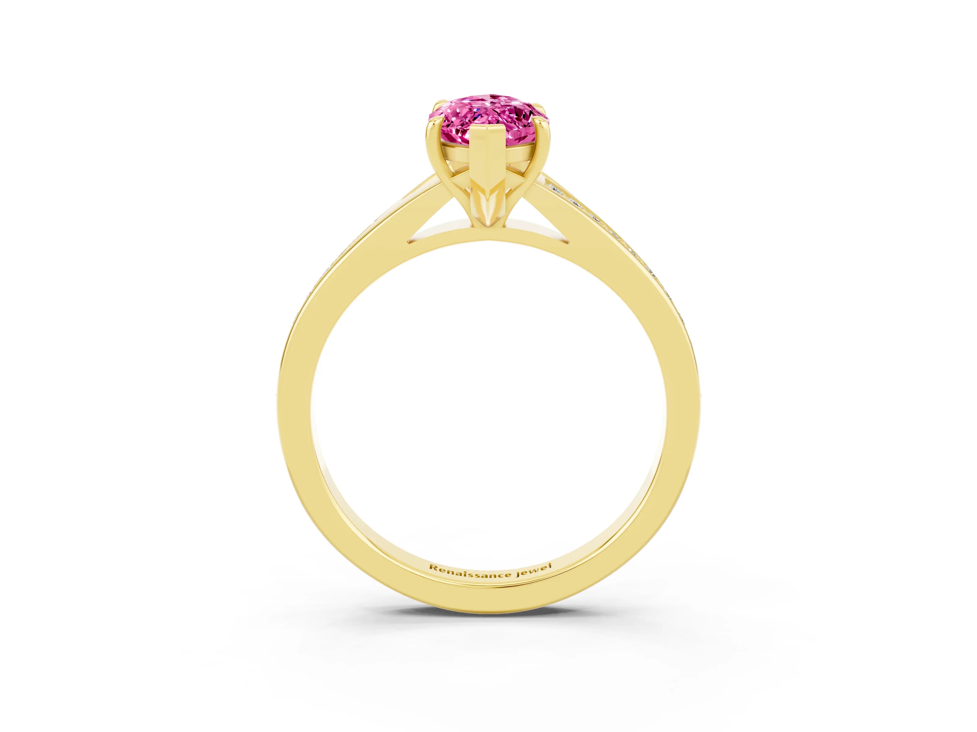 Yellow gold Marquise Cut Pink Sapphire Solitaire Ring with Pavé Band and Prong Setting_3