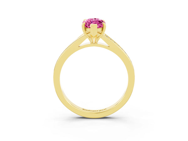 Yellow gold Marquise Cut Pink Sapphire Solitaire Ring with Pavé Band and Prong Setting
