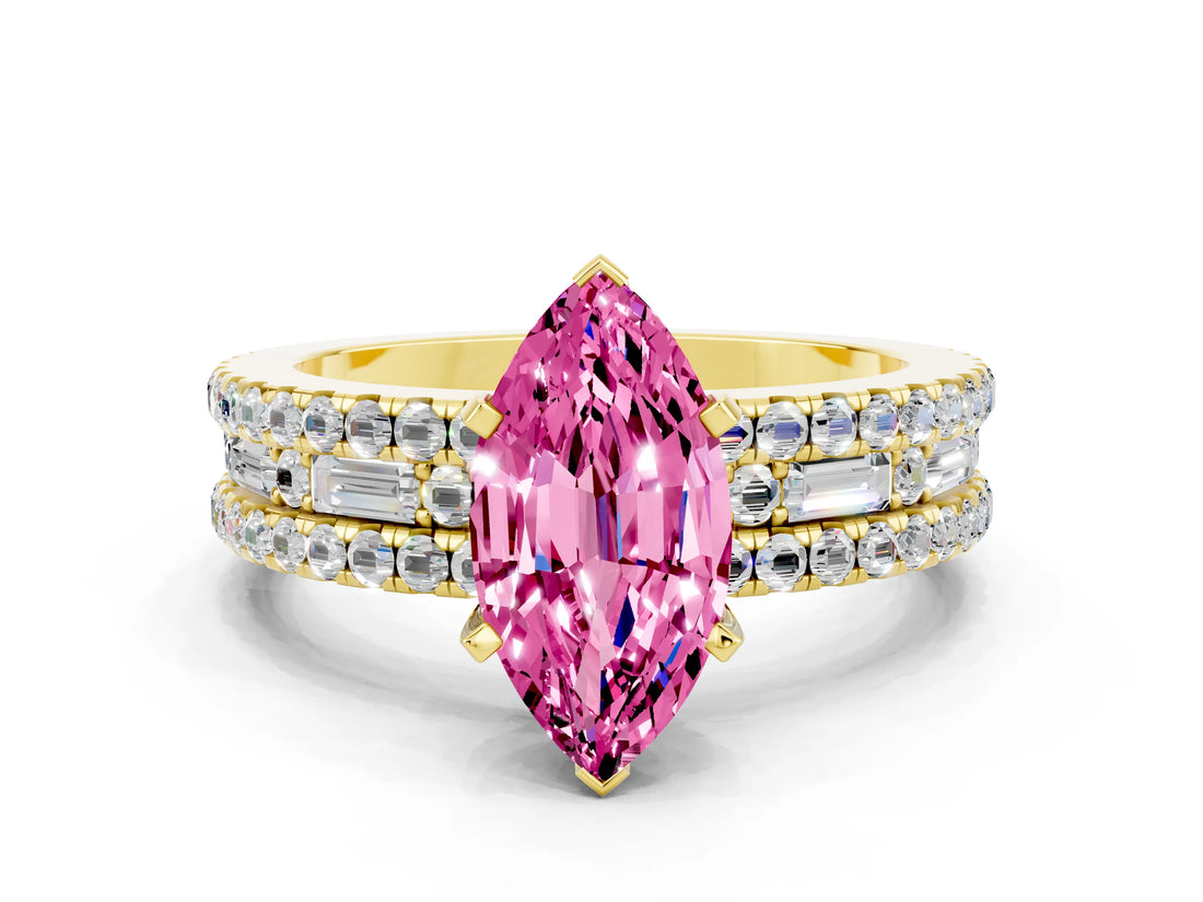 Yellow gold Marquise Cut Pink Sapphire Solitaire Ring with Pavé and Channel Set Band_24