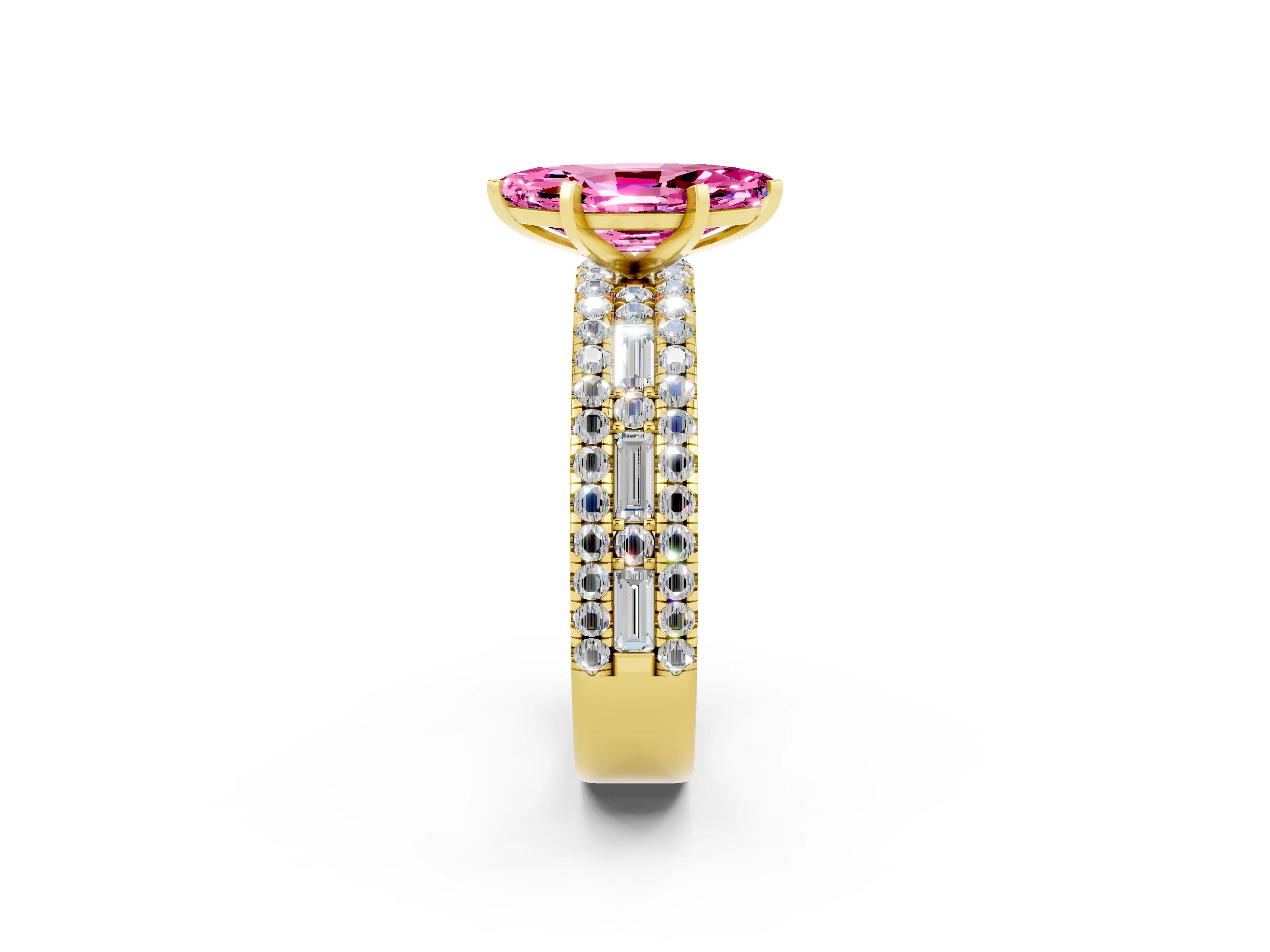Yellow gold Marquise Cut Pink Sapphire Solitaire Ring with Pavé and Channel Set Band_26