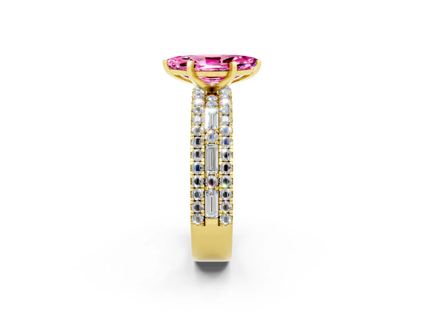 Yellow gold Marquise Cut Pink Sapphire Solitaire Ring with Pavé and Channel Set Band