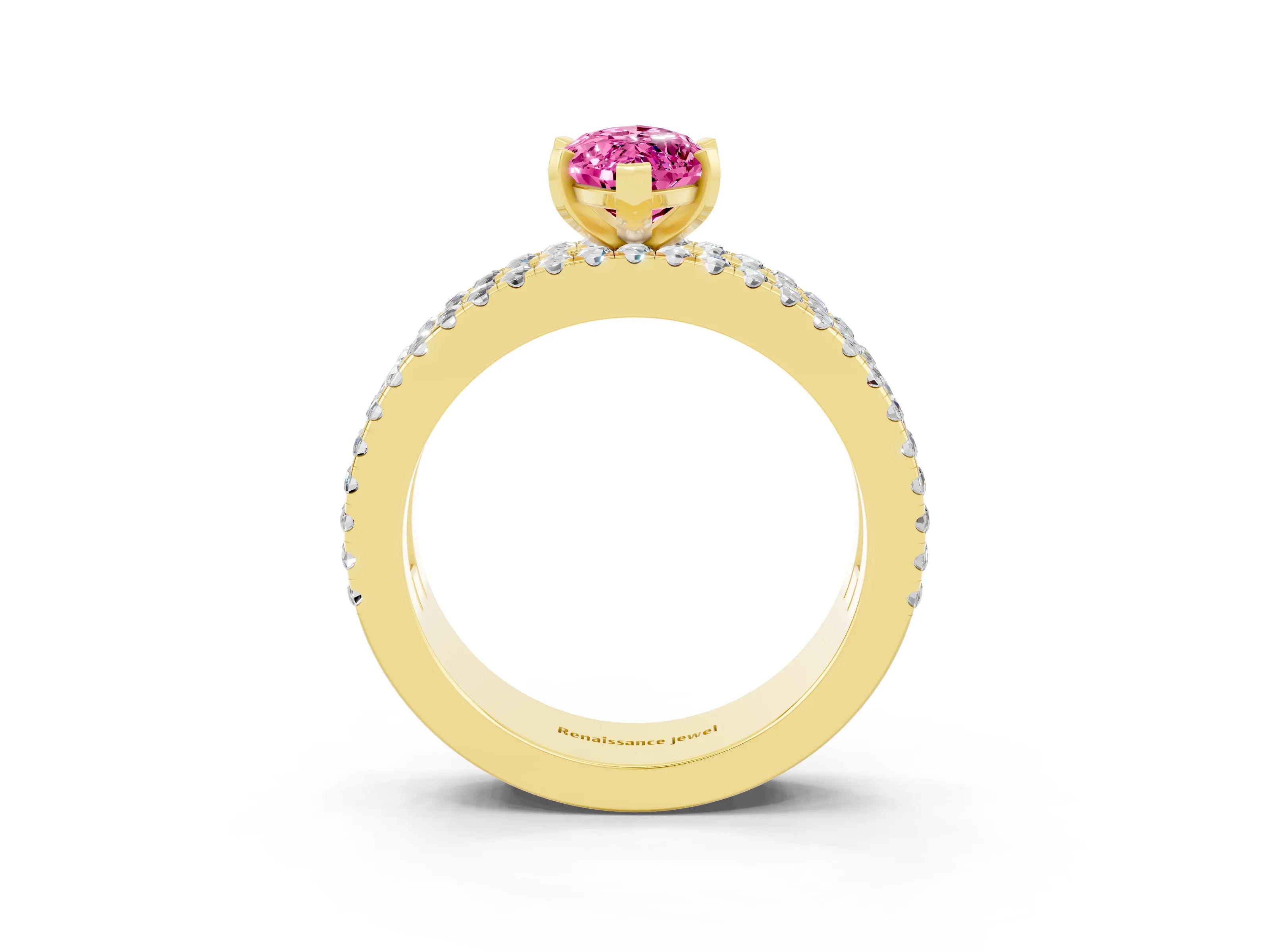 Yellow gold Marquise Cut Pink Sapphire Solitaire Ring with Pavé and Channel Set Band_27